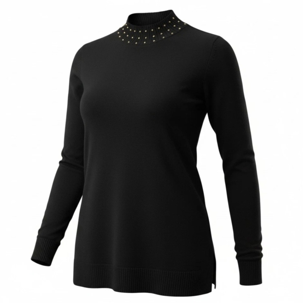 Rafaella Women Black Studded Mock Neck Sweater Long Sleeve Knit Top XL